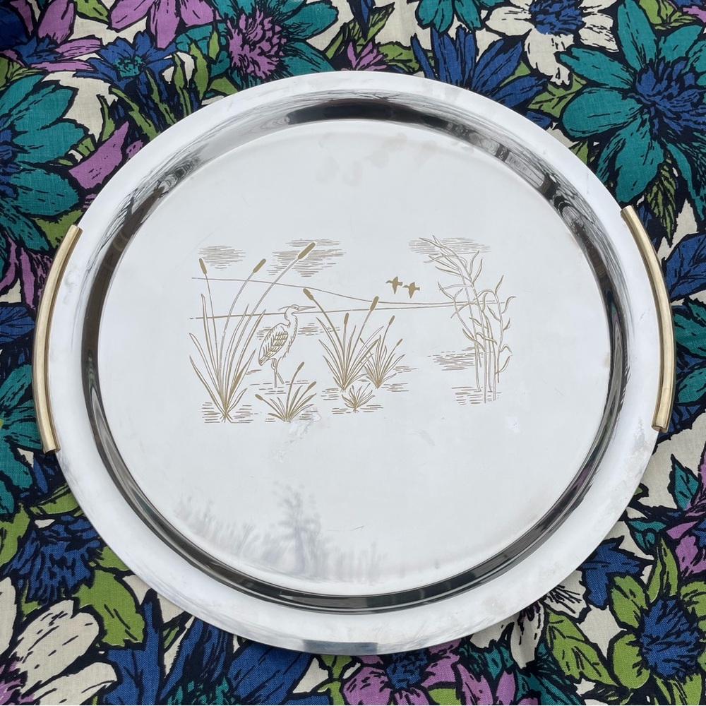 TSL INOX 18/10 Italy Stainless Steel Heron Cattail Serving Tray MCM Art Deco